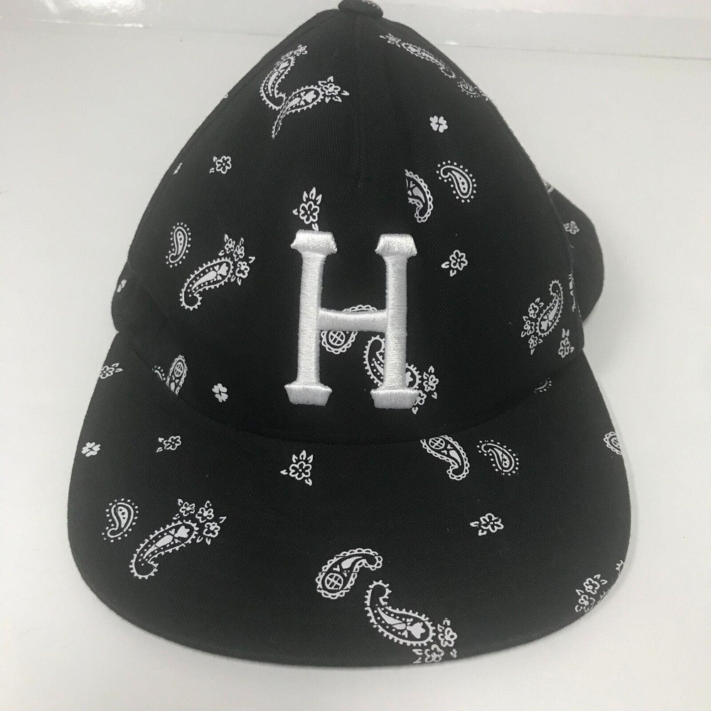 HUF Baseball Hat Black Paisley Bandana White Embroidered H Snapback 100% Cotton